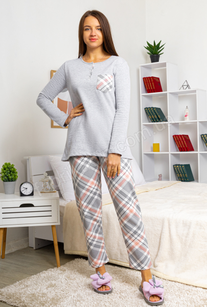 Пижама на флисе в клетку, 46 - 56 цвет: серый