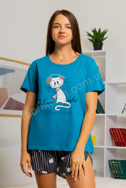 Пижама Киця футболка с шортами 46 - 54 цвет: лазурный 