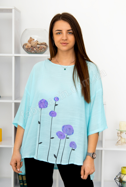 Блузка батал намальовані квіти р-р: 50 - 56, колір: бірюзовий