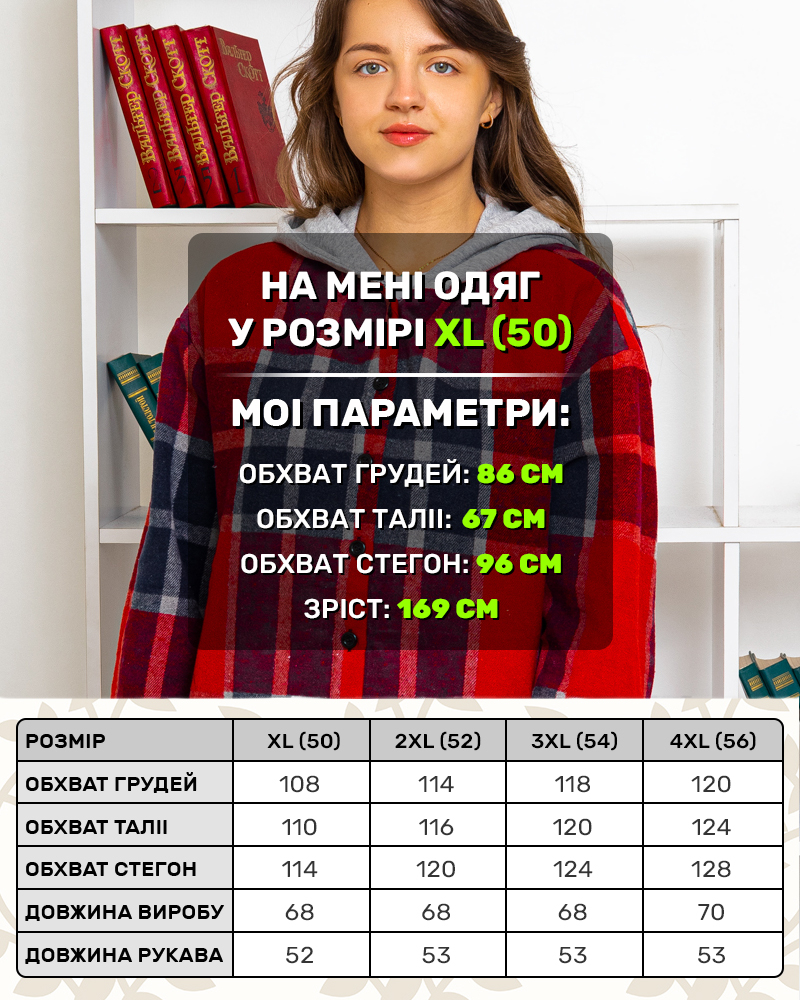 Рубашка теплая в клетку с капюшоном 50 - 56 цвет: красный - 5