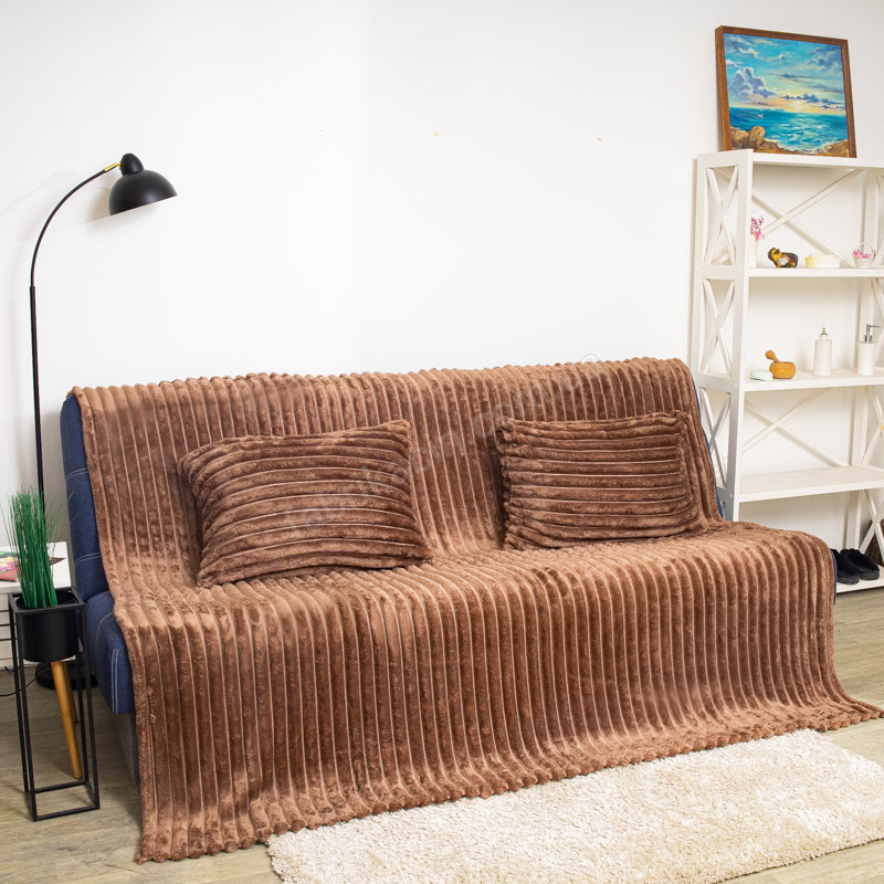 Плед-покрывало однотонное в широкую в полоску 2сп цвет: мокко - 1