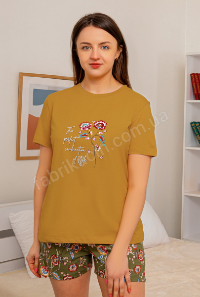 Пижама футболка с шортами цветы 46 - 54, цвeт: желтый 
