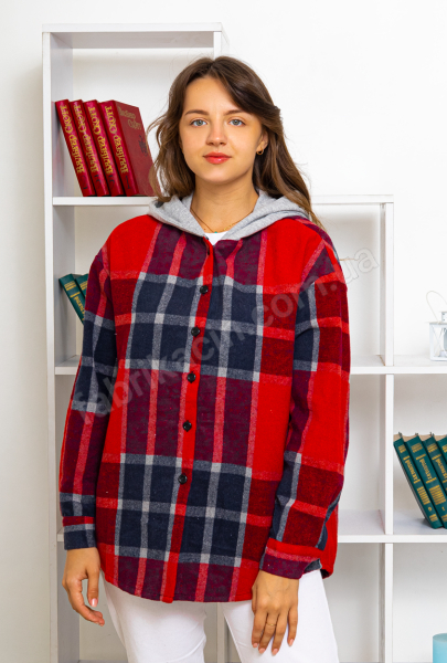 Сорочка тепла в клітинку з капюшоном 50 - 56 колір: червоний
