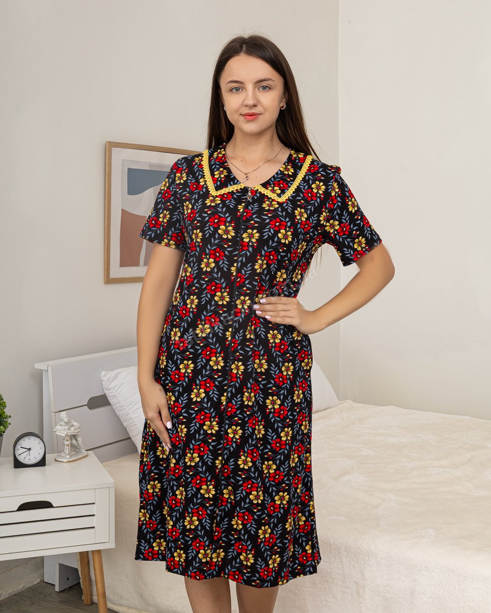 Халат в цветы р-р: 46/M 48/L 50/XL 52/2XL 54/3XL 56/4XL цвет: черный - 1