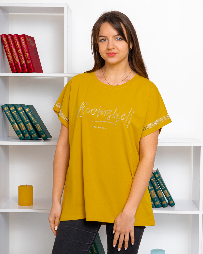 Футболка напис зі стразами OneSize колір: гірчичний - 2