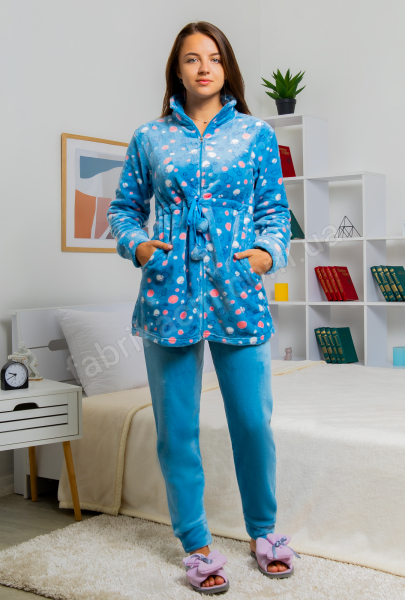 Пижама, халат с брюками на флисе 46 - 54, цвет: голубой